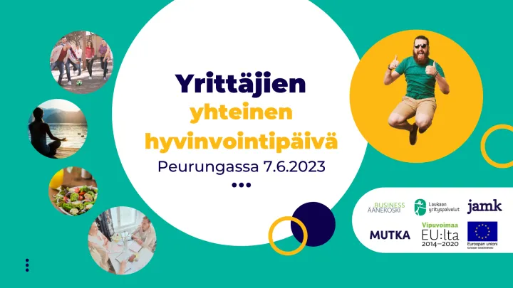 Yrittäjien yhteinen hyvinvointipäivä, palloja ja hyppäävä mieshenkilö. 