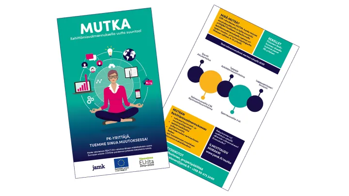 Esitekortin etu- ja takapuoli, kuvituksena meditoiva bisnesnainen ja teksteissä erottuu esimerkiksi Mutka - kehittämisvalmennuksella uutta suuntaa. 