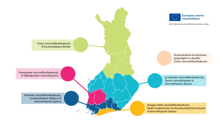 Suomen kartalla jaetut toiminta-alueet ja niiden vastuutahot. 